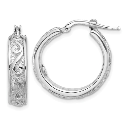 QE16866 Sterling Silver Rhod-plated Polished and Textured Round Hoop Earrings