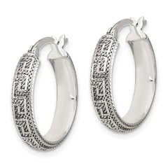 QE16873 Sterling Silver Antiqued/Textured Greek Key SM Round Hoop Earrings