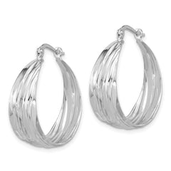 QE16896 Sterling Silver RH-Plated Textured and Tapered MED Round Hoop Earrings