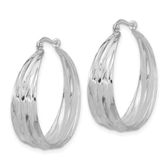 QE16897 Sterling Silver RH-Plated Textured and Tapered LG Round Hoop Earrings