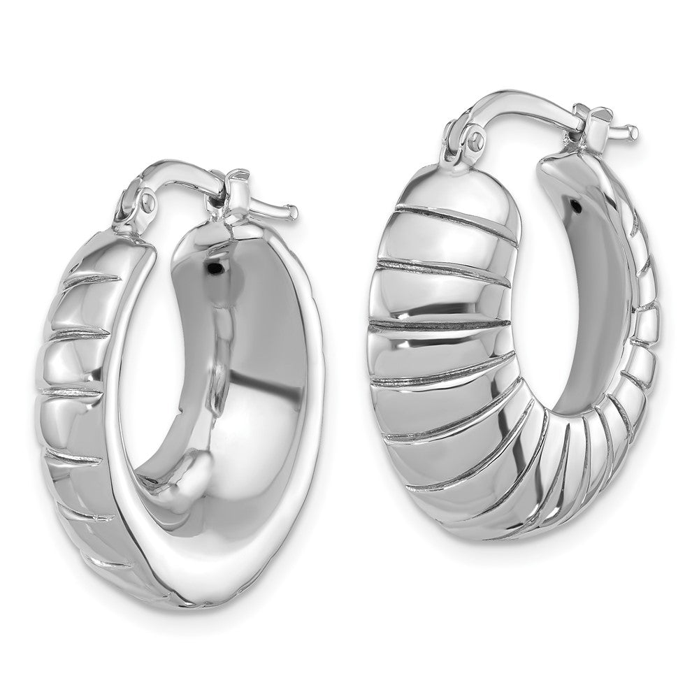 QE16915 Sterling Silver RH-plated Polished & Striped Small Round Hoop Earrings