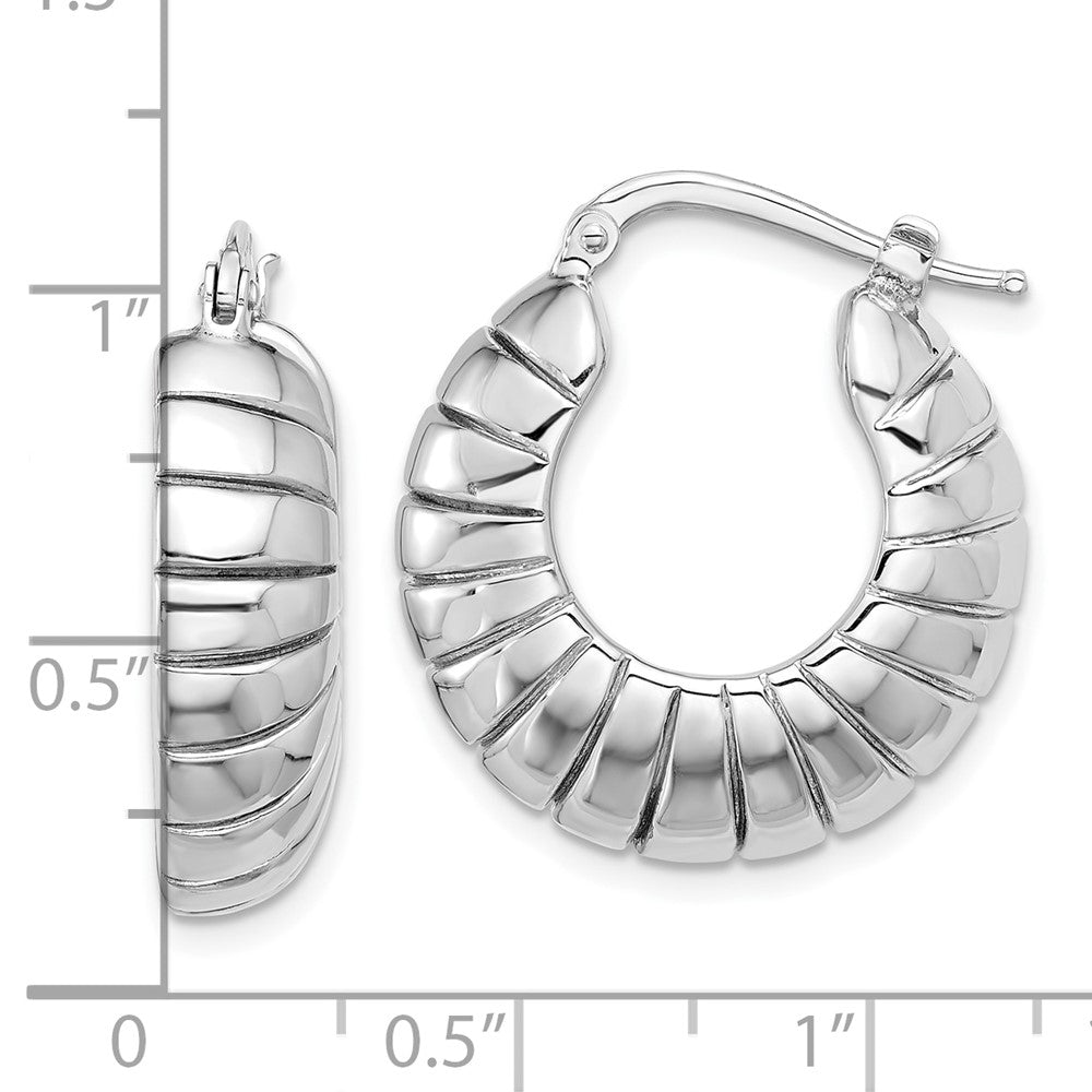 QE16915 Sterling Silver RH-plated Polished & Striped Small Round Hoop Earrings