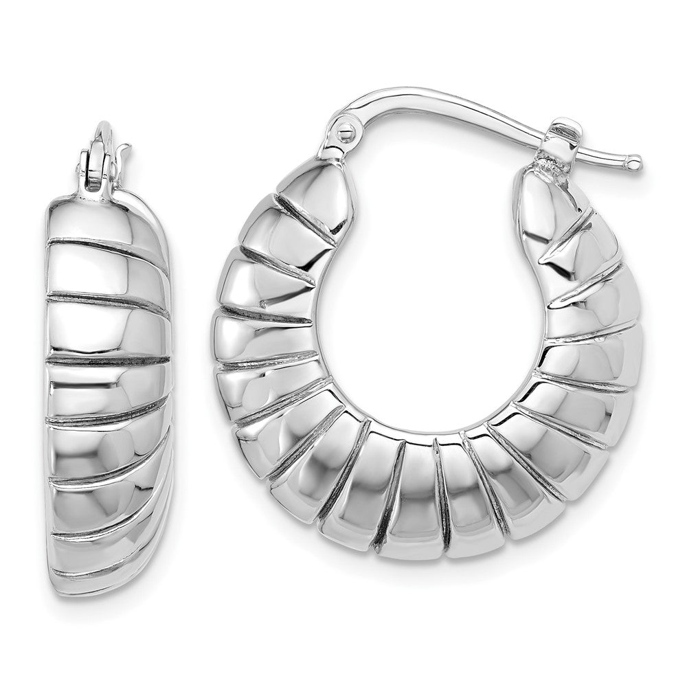 QE16915 Sterling Silver RH-plated Polished & Striped Small Round Hoop Earrings