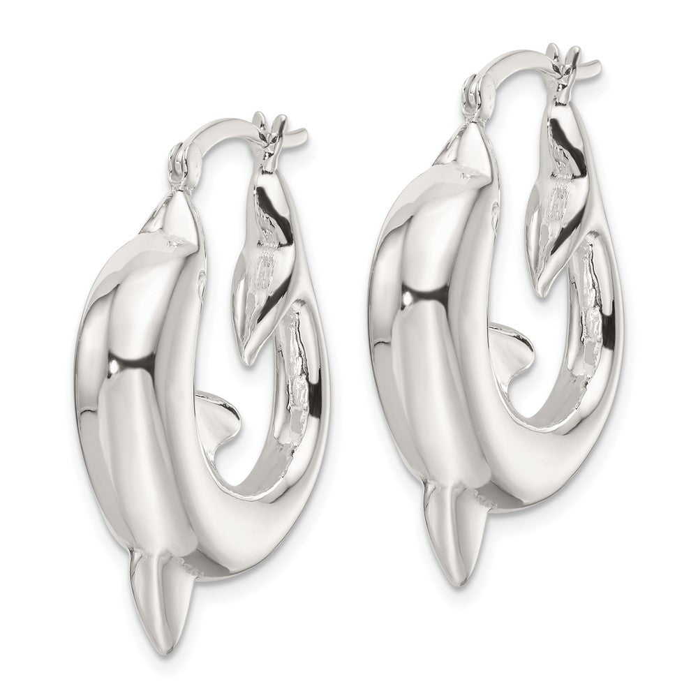 QE16919 Sterling Silver Polished Dolphin Round Hoop Earrings