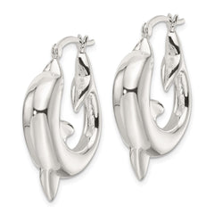 QE16919 Sterling Silver Polished Dolphin Round Hoop Earrings