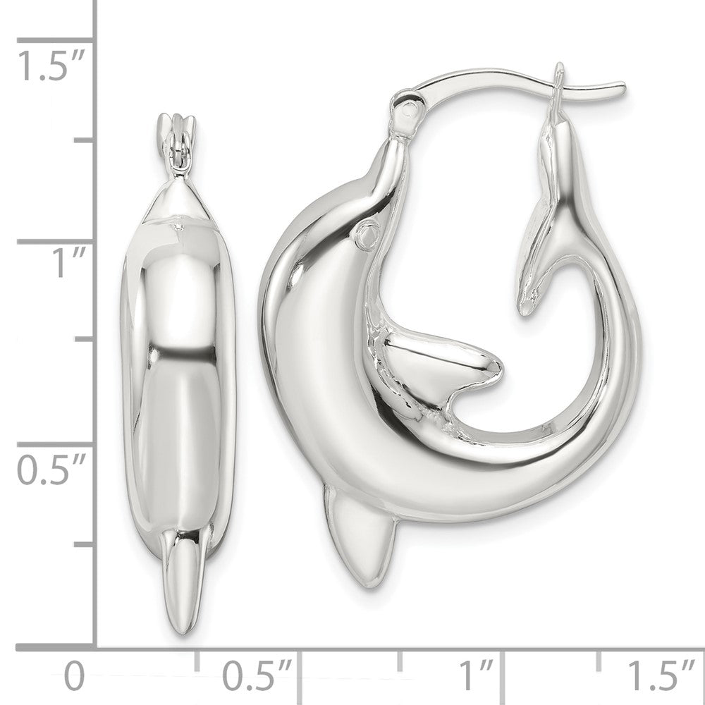 QE16919 Sterling Silver Polished Dolphin Round Hoop Earrings