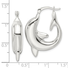 QE16919 Sterling Silver Polished Dolphin Round Hoop Earrings