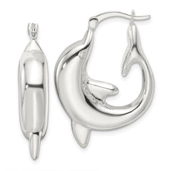 QE16919 Sterling Silver Polished Dolphin Round Hoop Earrings