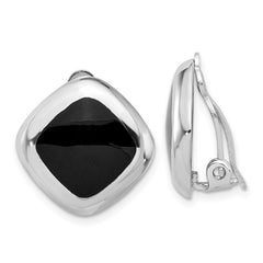QE16928 Sterling Silver RH-plated Black Onyx Square Non-Pierced Earrings