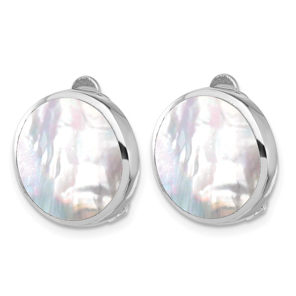 QE16931 Sterling Silver RH-plated Mother of Pearl Round Non-Pierced Earrings