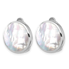 QE16931 Sterling Silver RH-plated Mother of Pearl Round Non-Pierced Earrings