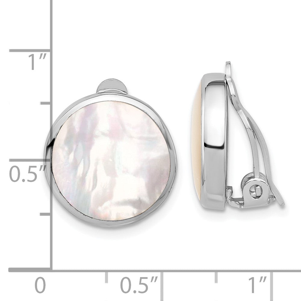 QE16931 Sterling Silver RH-plated Mother of Pearl Round Non-Pierced Earrings