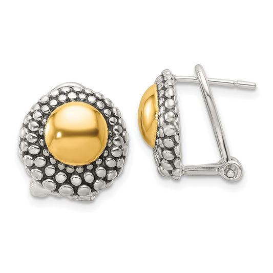 QE16932 Sterling Silver Antiqued & Gold-tone Circle Omega Back Post Earrings