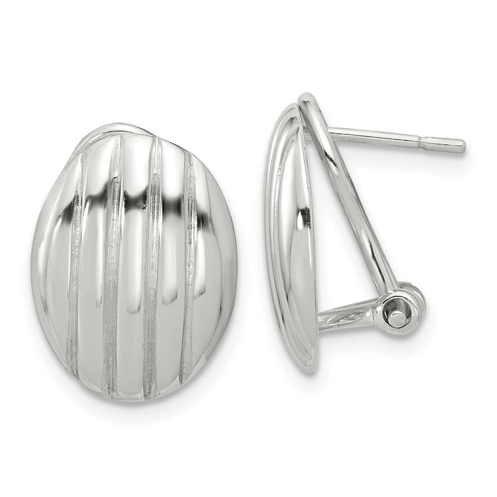 QE16938 Sterling Silver Polished and Striped Texture Oval Omega Back Earrings