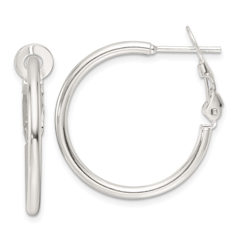 QE16946 Sterling Silver Polished 25x2mm Omega Back Round Hoop Earrings