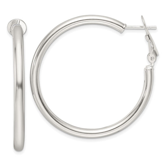 QE16948 Sterling Silver Polished 40x3.25mm Omega Back Round Hoop Earrings