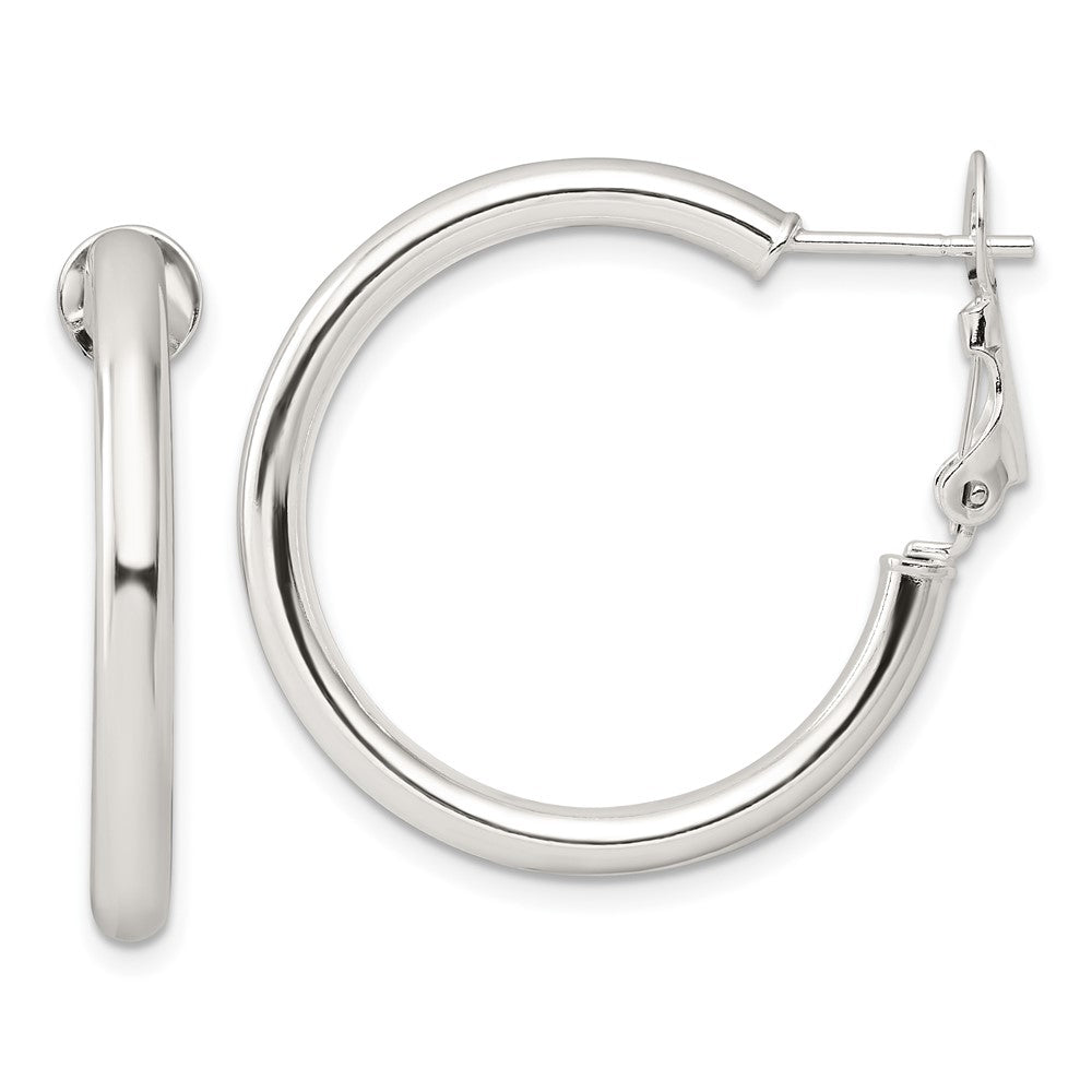QE16950 Sterling Silver Polished 3.25mm Omega Back Round Hoop Earrings