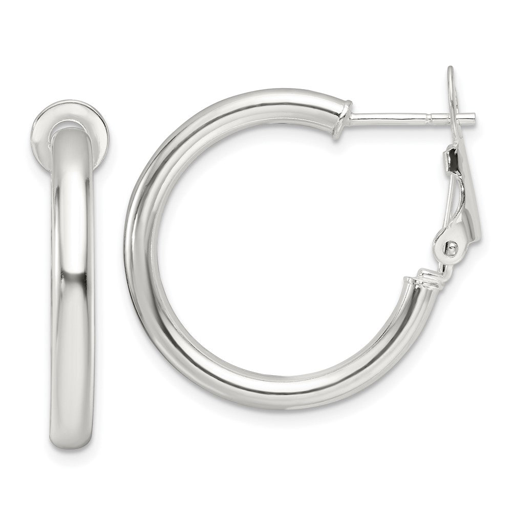 QE16951 Sterling Silver Polished 3.25mm Omega Back Round Hoop Earrings