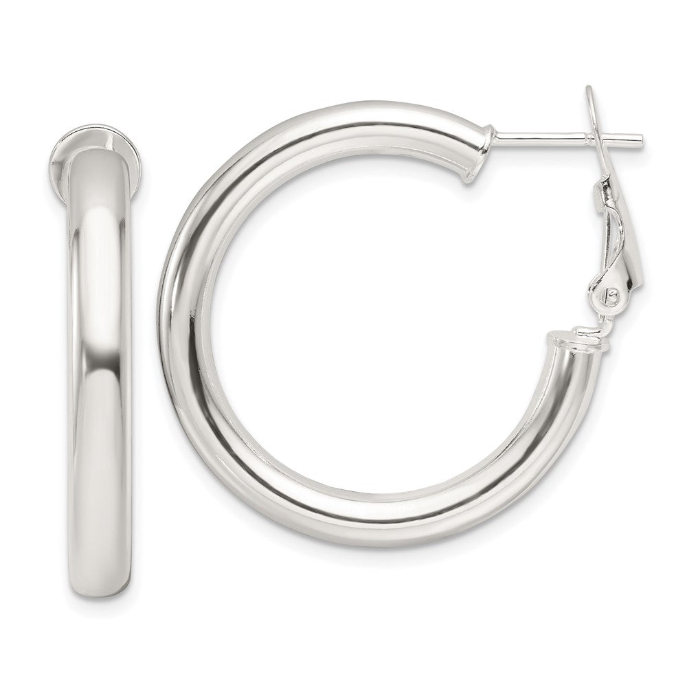 QE16953 Sterling Silver Polished 30x4mm Omega Back Round Hoop Earrings