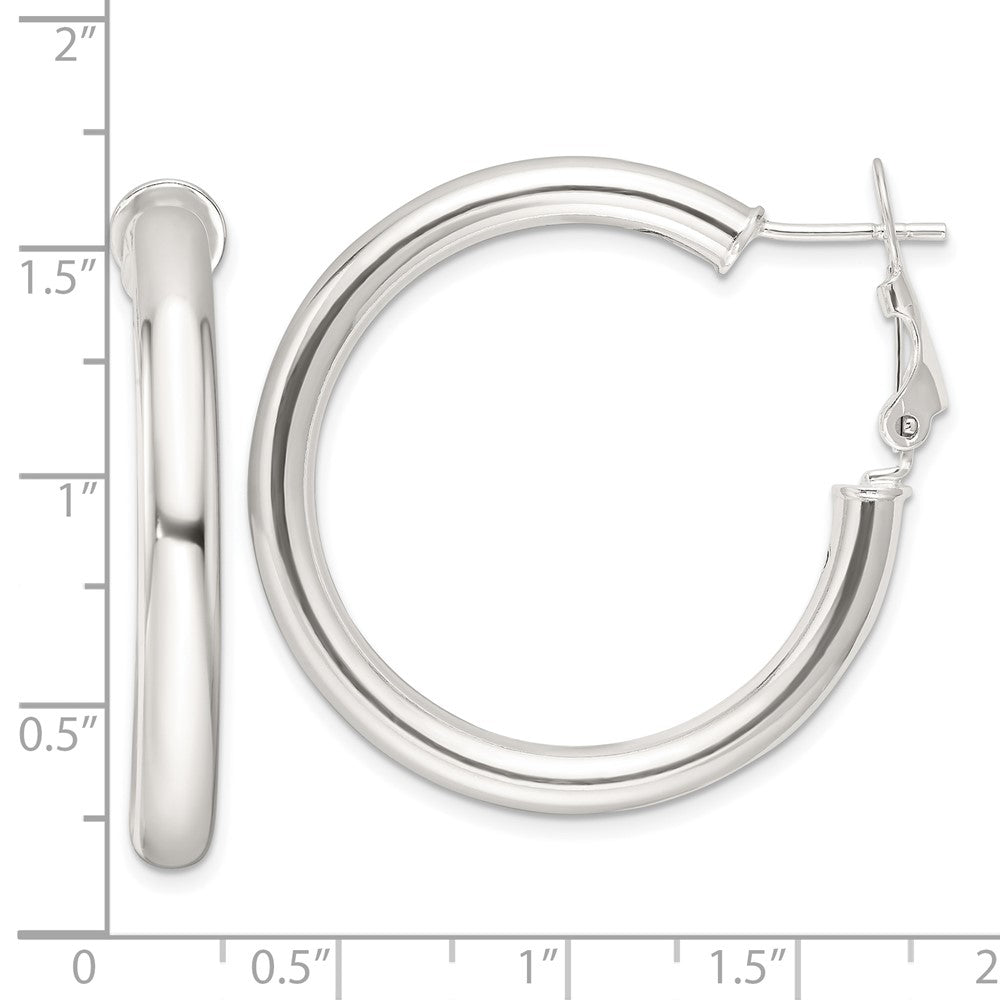 QE16954 Sterling Silver Polished 4mm Omega Back Round Hoop Earrings