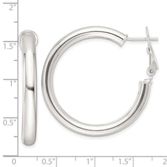 QE16954 Sterling Silver Polished 4mm Omega Back Round Hoop Earrings