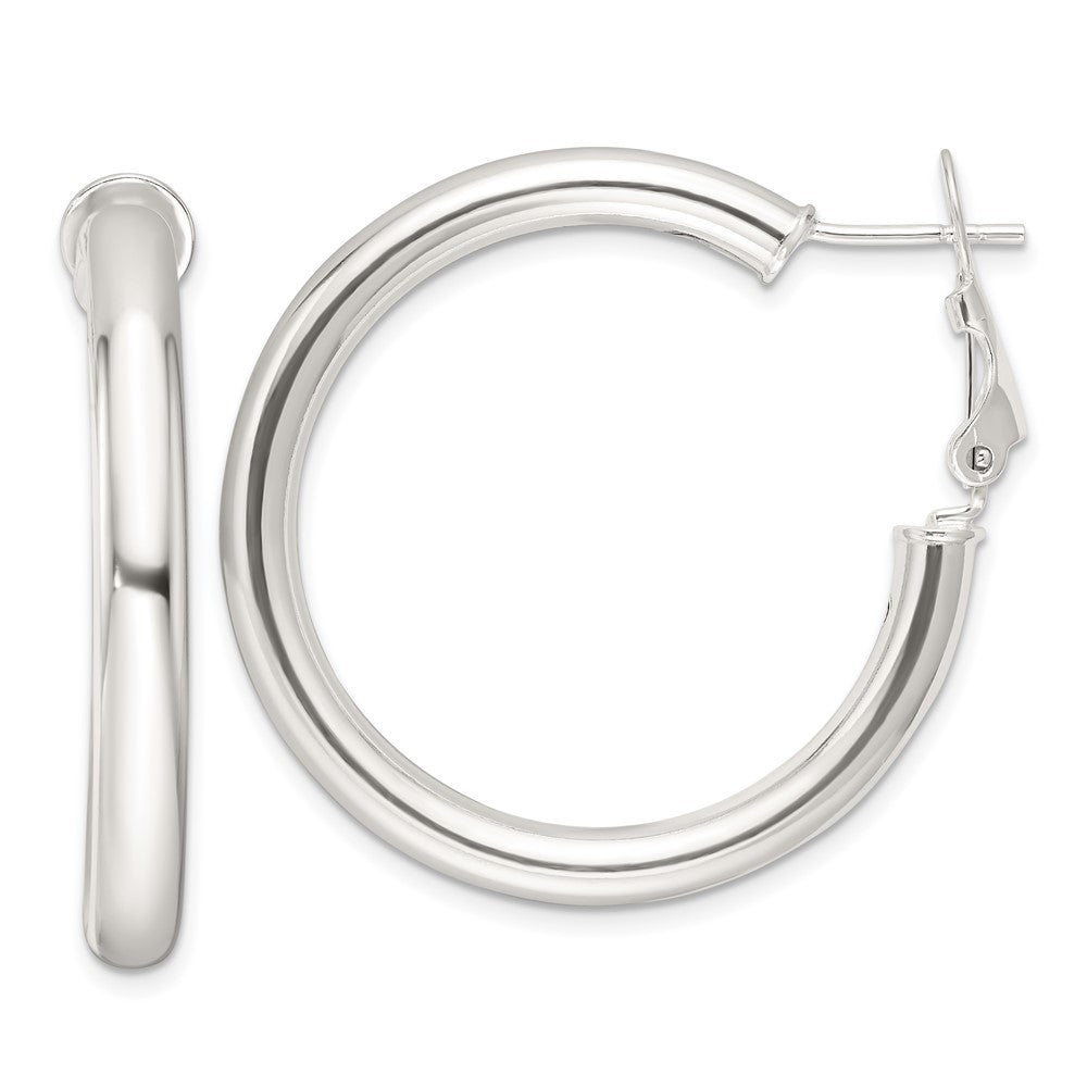 QE16954 Sterling Silver Polished 4mm Omega Back Round Hoop Earrings