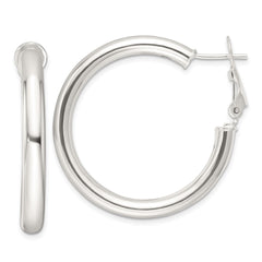 QE16954 Sterling Silver Polished 4mm Omega Back Round Hoop Earrings