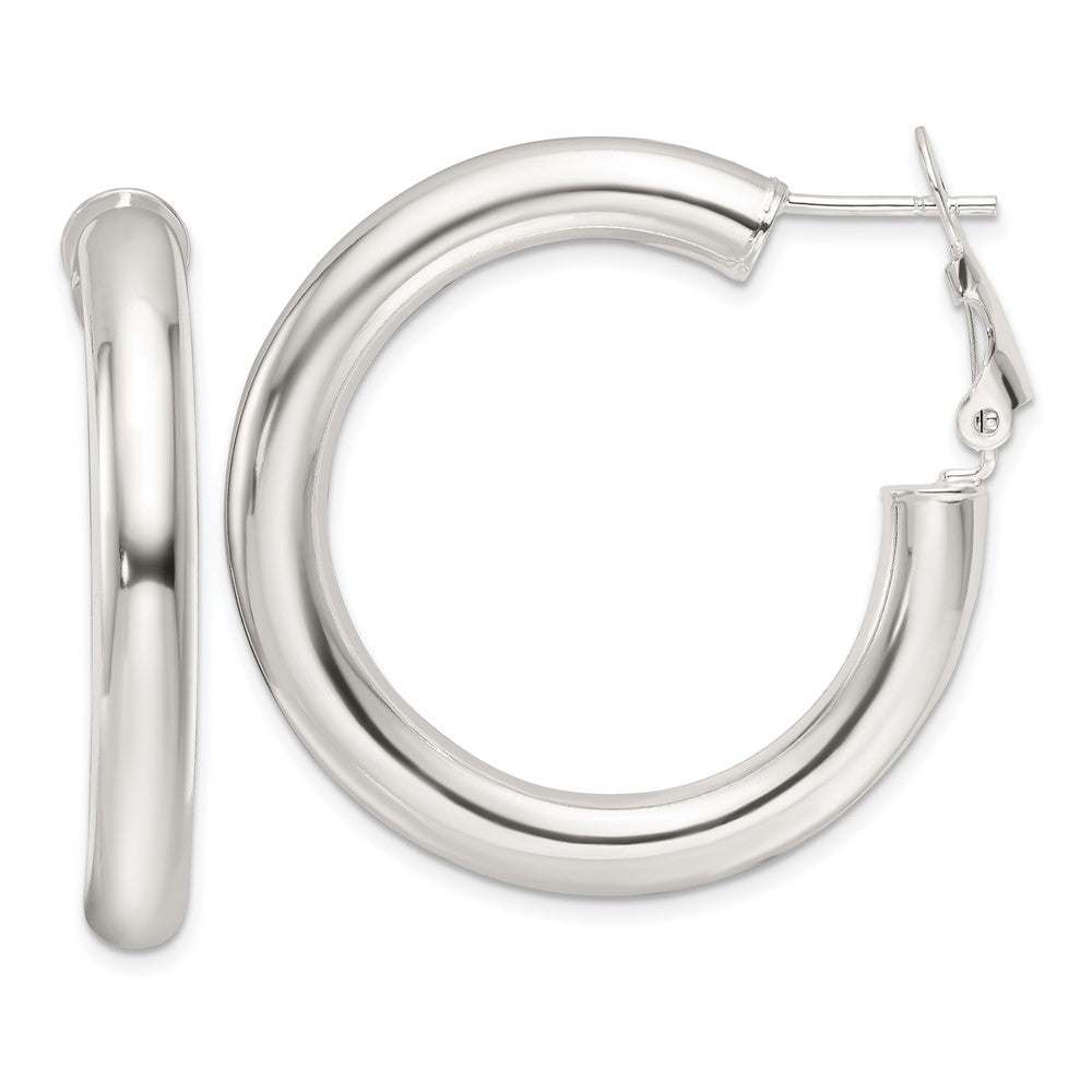 QE16955 Sterling Silver Polished 35x5mm Omega Back Round Hoop Earrings