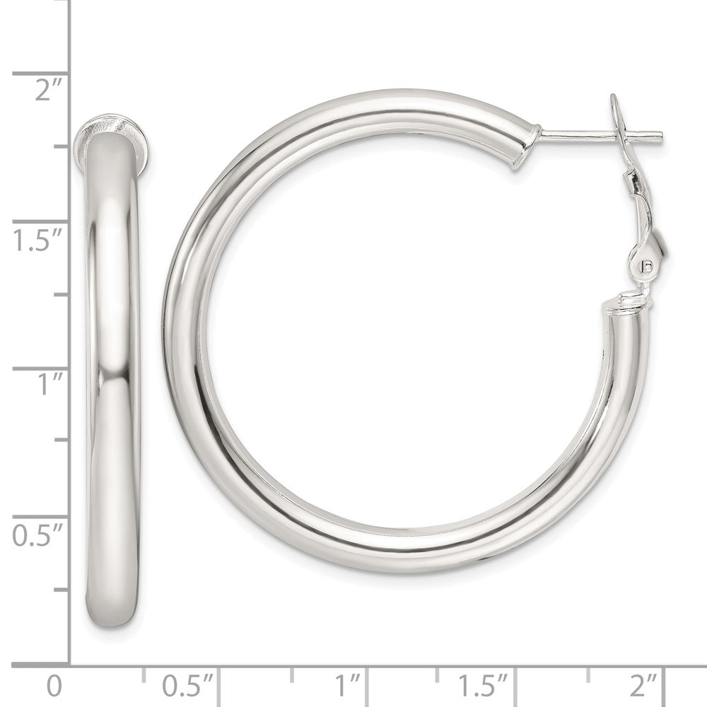 QE16956 Sterling Silver Polished 40x4mm Omega Back Round Hoop Earrings