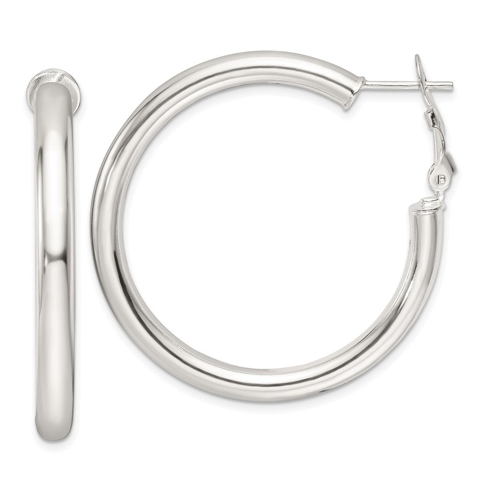QE16956 Sterling Silver Polished 40x4mm Omega Back Round Hoop Earrings