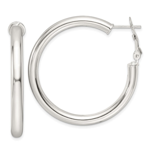QE16956 Sterling Silver Polished 40x4mm Omega Back Round Hoop Earrings