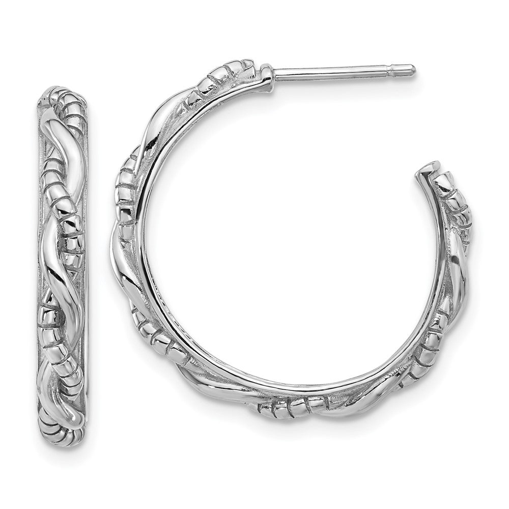QE17005 Sterling Silver Rhodium-plated Textured Twisted C-Hoop Earrings