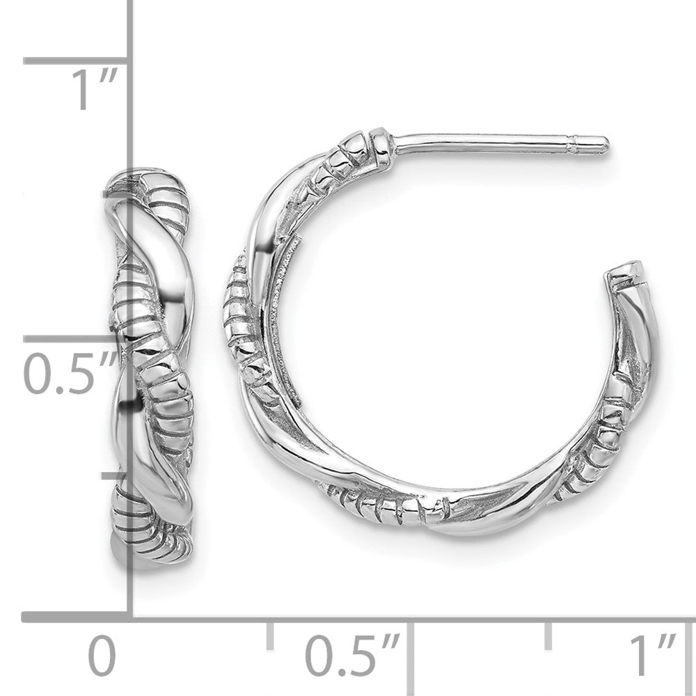 QE17006 Sterling Silver Rhodium-plated Textured Twisted C-Hoop Earrings