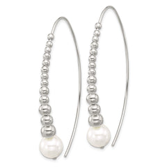 QE17057 Sterling Silver Polished Beaded Simulated Pearl Threader Earrings
