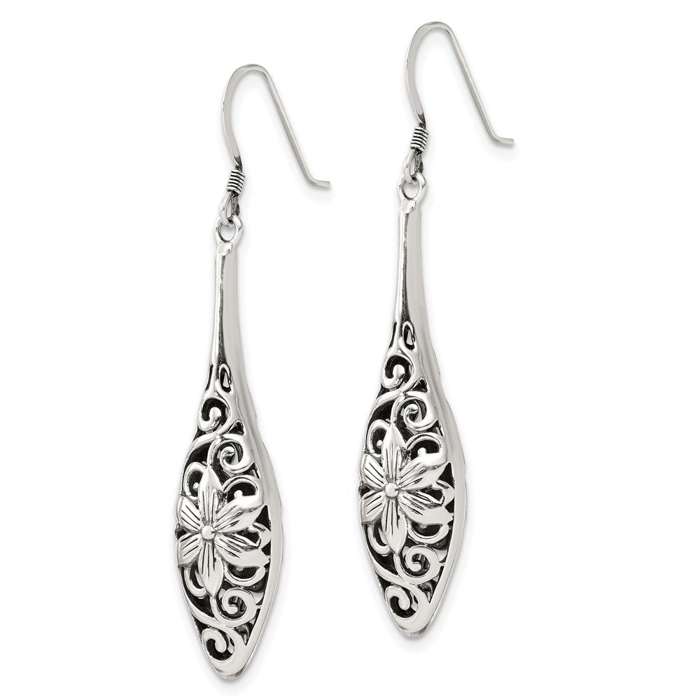 QE17059 Sterling Silver Polished Antiqued Floral Teardrop Shepherd Hook Earrings