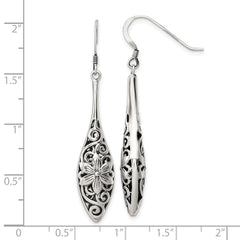 QE17059 Sterling Silver Polished Antiqued Floral Teardrop Shepherd Hook Earrings