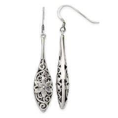 QE17059 Sterling Silver Polished Antiqued Floral Teardrop Shepherd Hook Earrings