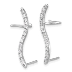 QE17076 Sterling Silver Rhod-plated Polished Curved CZ Ear Cuff and Post Earrings