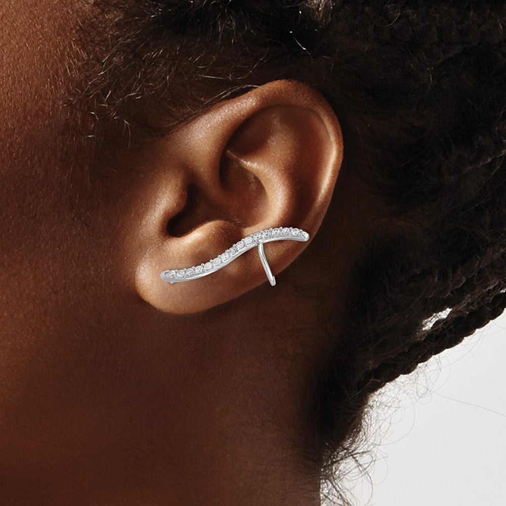 QE17076 Sterling Silver Rhod-plated Polished Curved CZ Ear Cuff and Post Earrings