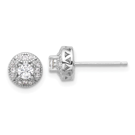 QE17101 Sterling Silver Rhod-plated Textured Round CZ Cluster Post Earrings