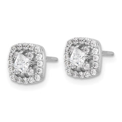 QE17103 Sterling Silver Rhod-plated Polished CZ Square Center Halo Post Earrings