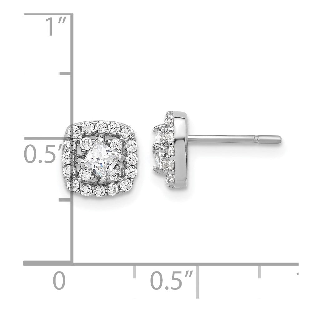 QE17103 Sterling Silver Rhod-plated Polished CZ Square Center Halo Post Earrings