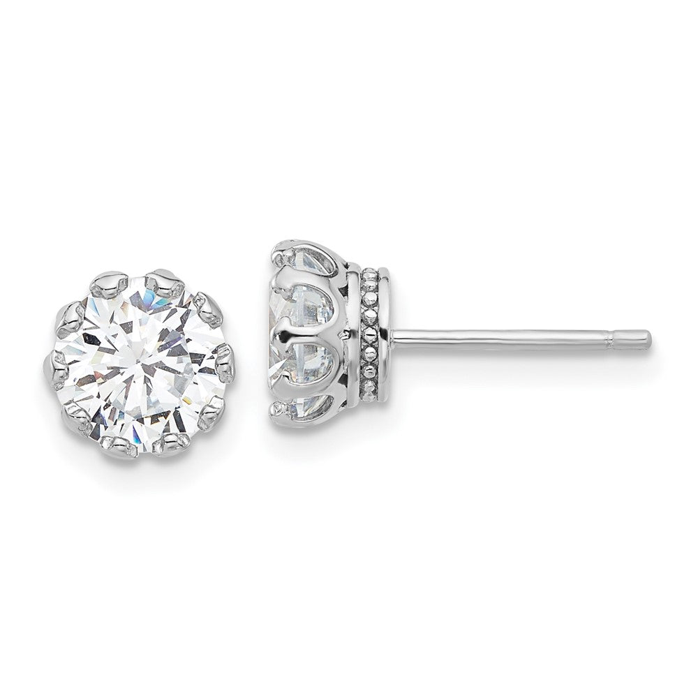 QE17113 Sterling Silver Rhodium-plated 7mm CZ Crown Post Stud Earrings
