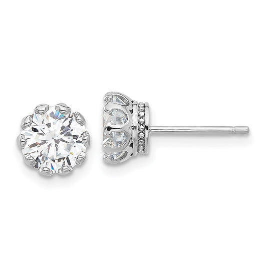 QE17113 Sterling Silver Rhodium-plated 7mm CZ Crown Post Stud Earrings