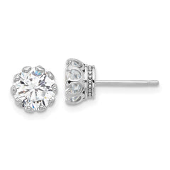 QE17113 Sterling Silver Rhodium-plated 7mm CZ Crown Post Stud Earrings