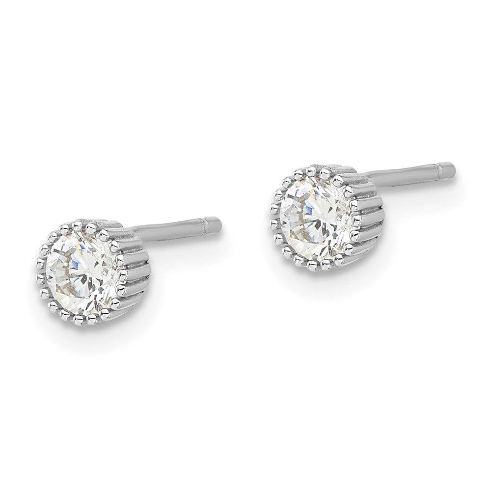 QE17115 Sterling Silver Rhod-plated 4mm CZ Grooved Bezel Post Stud Earrings