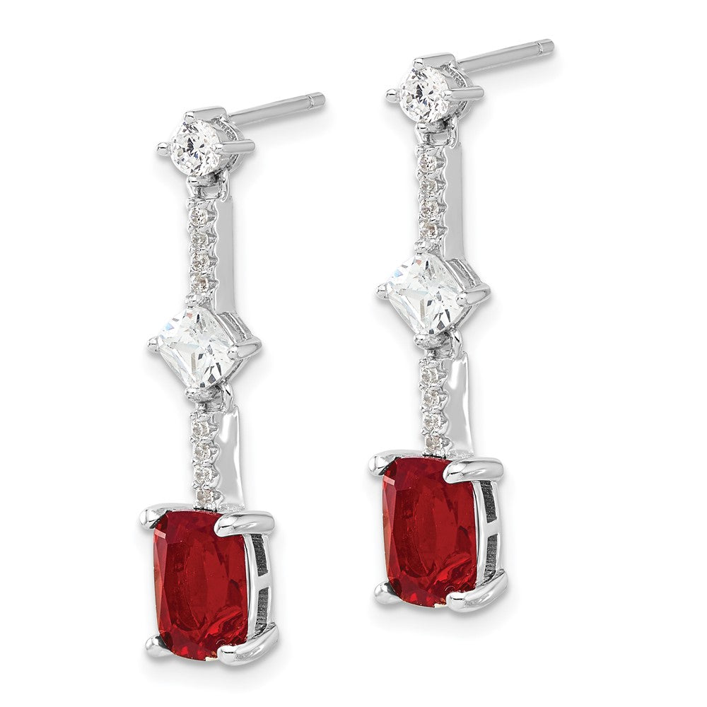 QE17154 Sterling Silver Rhod-plated Fancy Red & White CZ Post Dangle Earrings