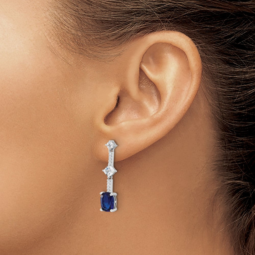 QE17155 Sterling Silver RH-plated Fancy Blue & White CZ Post Dangle Earrings