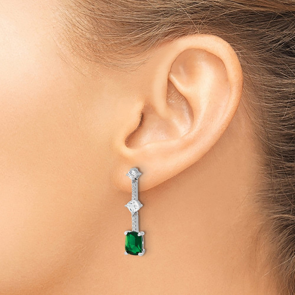 QE17156 Sterling Silver RH-plated Fancy Green & White CZ Post Dangle Earrings