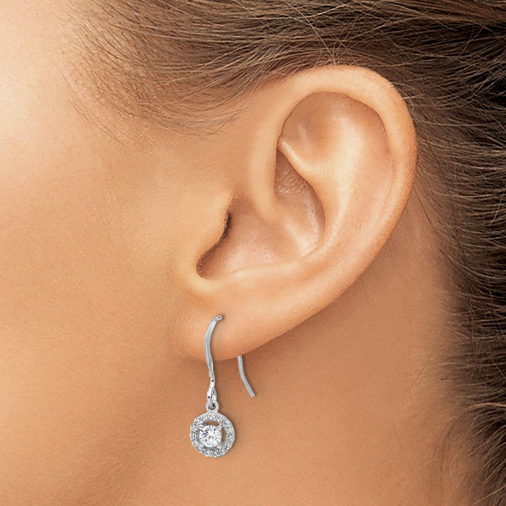 QE17159 Sterling Silver Rhodium-plated Polished Round CZ Halo Dangle Earrings